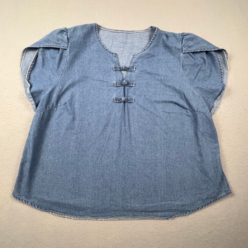 Cottage Denim Blouse Women 4XL Blue Frog Knot Split Neck Tulip Sleeve Casual Top